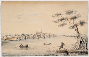 Detroit gezien vanaf de Canadese kust in 1821